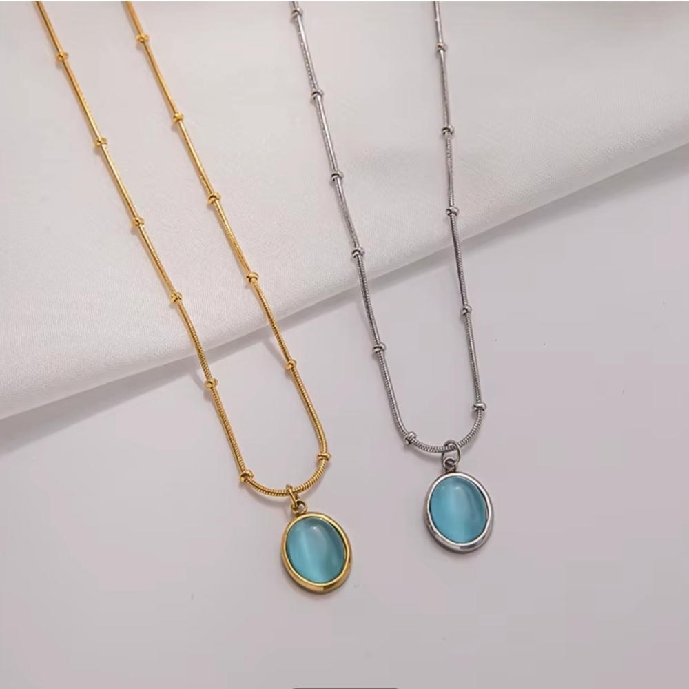 Elegant Stainless Steel Silver Necklace with Blue Pendant